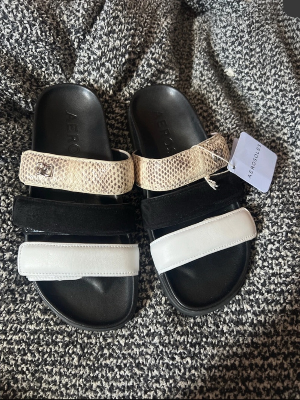 AEROSOLES Three-Strip Slide Sandals in Black, White & Beige Snakeskin